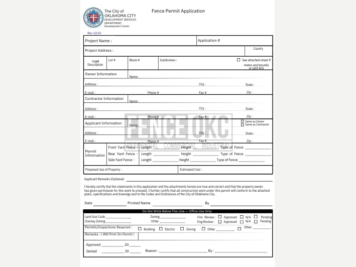 Official Oklahoma City, Oklahoma fence permit application.